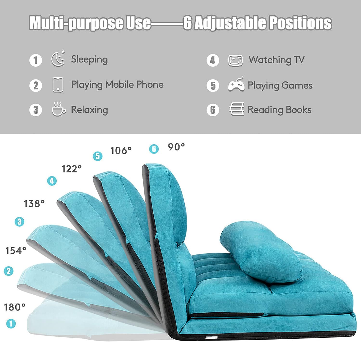 DORTALA Foldable Floor Sofa, 6-Position Adjustable Lounge Couch with 2 Pillows & Suede Cloth Cover, Modern Lounge Mattress Video Gaming Lazy Couch, Suede Floor Seating Sofa, 71' x 44.5', Blue