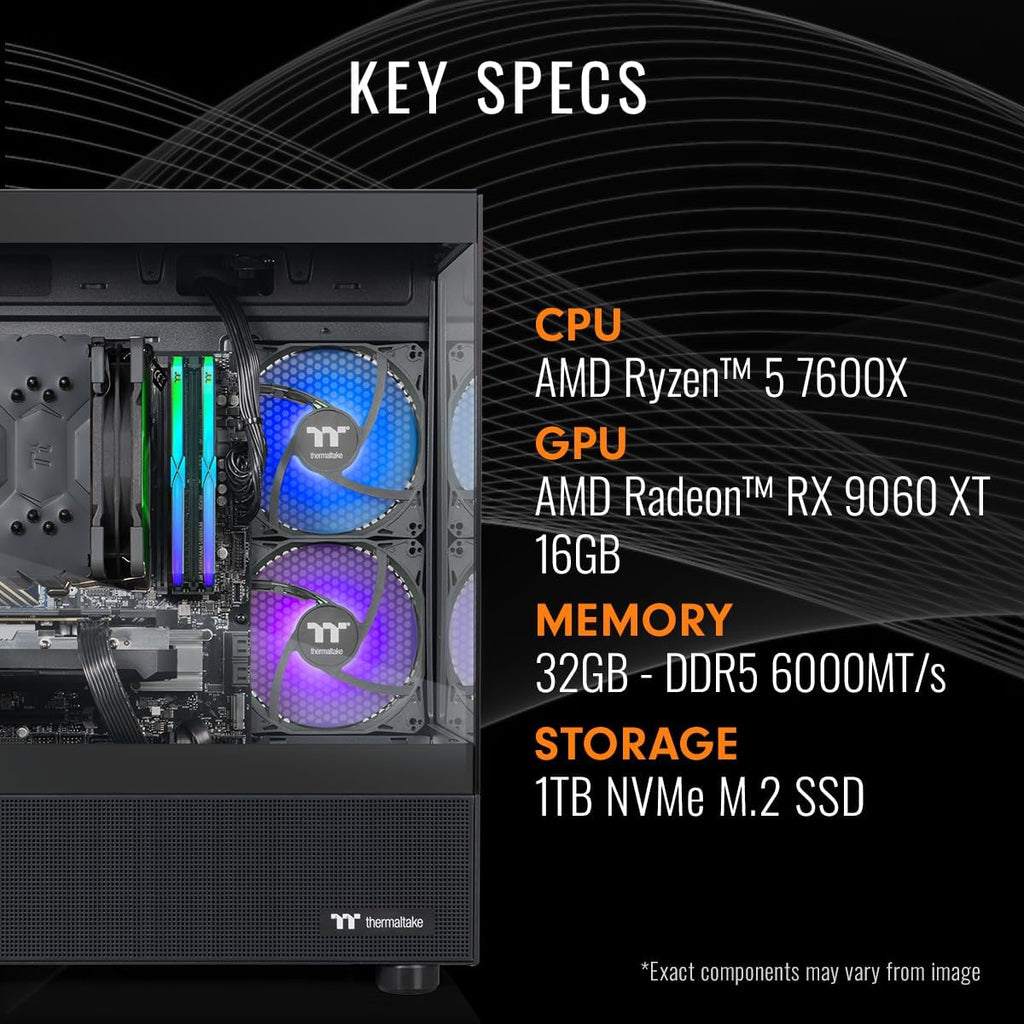 Thermaltake LCGS View 7696X-170 Gaming Desktop (AMD Ryzen™5 7600X, ToughRam 32GB DDR5 6000MT/s RGB Memory, AMD Radeon™ RX 9060 XT 16GB, 1TB NVMe M.2, WiFi, Windows 11) V17B-B650-96X-LCS