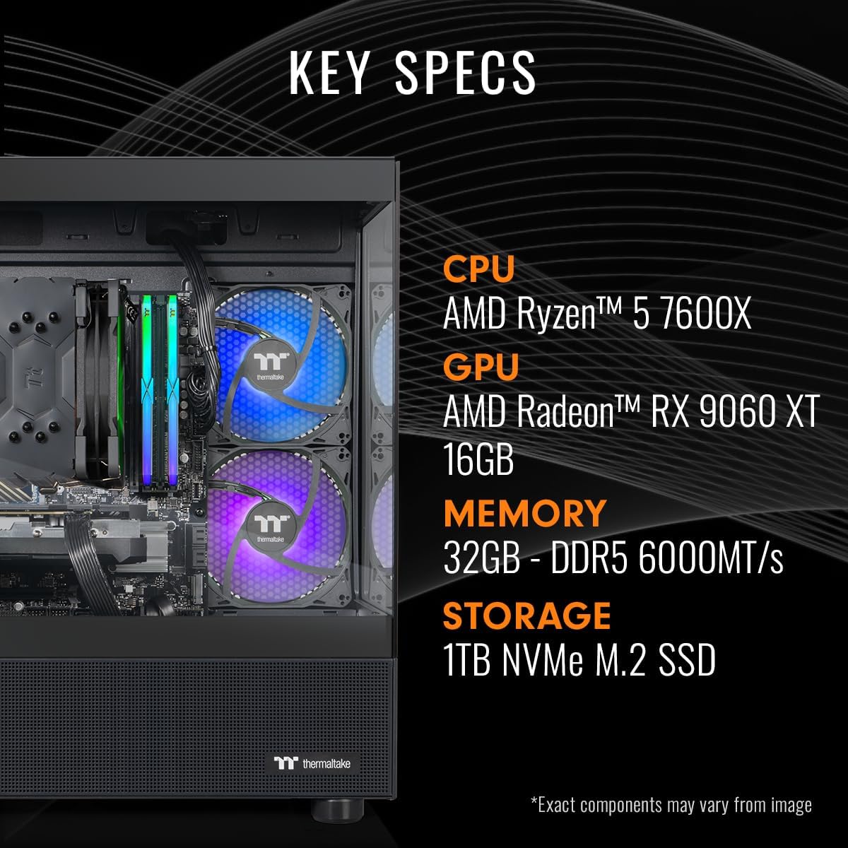 Thermaltake LCGS View 7696X-170 Gaming Desktop (AMD Ryzen™5 7600X, ToughRam 32GB DDR5 6000MT/s RGB Memory, AMD Radeon™ RX 9060 XT 16GB, 1TB NVMe M.2, WiFi, Windows 11) V17B-B650-96X-LCS