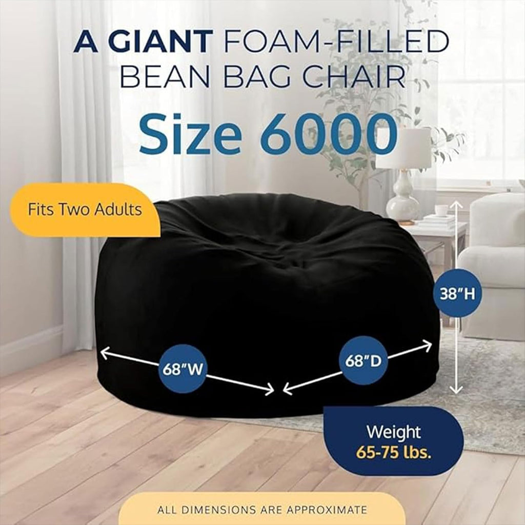 ULTIMATE SACK 6000 6-Foot Bean Bag Chair with Footstool, Black Suede Cover – Oversized Foam Lounger, Floor Seat, Small Sofa, or Couch Bed for Living Area, Gaming Room, or Reading Lounge