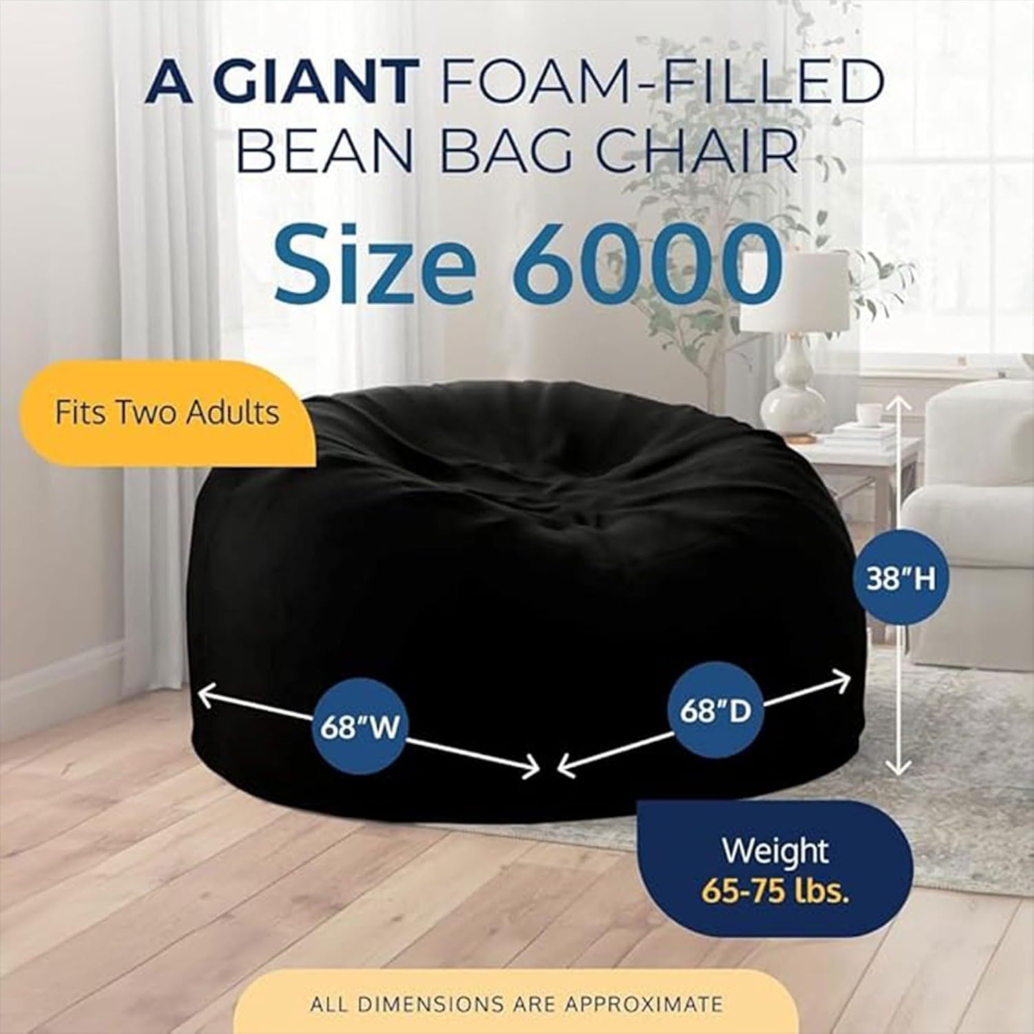 ULTIMATE SACK 6000 6-Foot Bean Bag Chair with Footstool, Black Suede Cover – Oversized Foam Lounger, Floor Seat, Small Sofa, or Couch Bed for Living Area, Gaming Room, or Reading Lounge