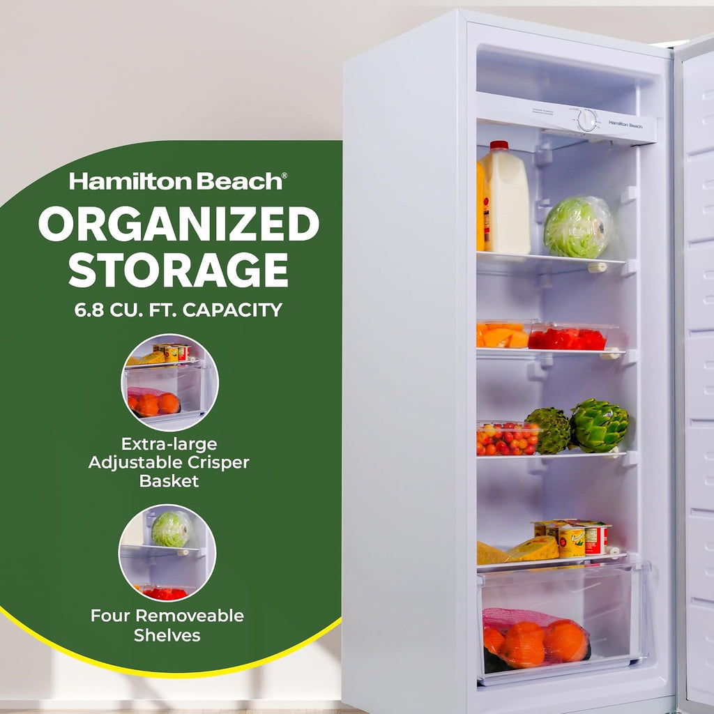 Hamilton Beach HBFRF6892-WHITE HBFRF6892 Upright Convertible Fridge/Freezer-Reversible Door-Removable Glass Shelves-Adjustable Controls-6.8 cu ft, White