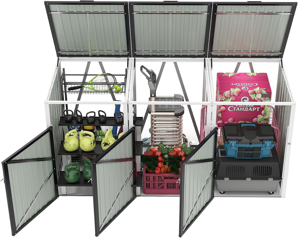 Garbage Bin Shed Stores 3 Trash Cans with Pneumatic Support Rod, with Lockable Doors & Waterproof Lid Chain, for Patio,Garden,Backyard,Grey