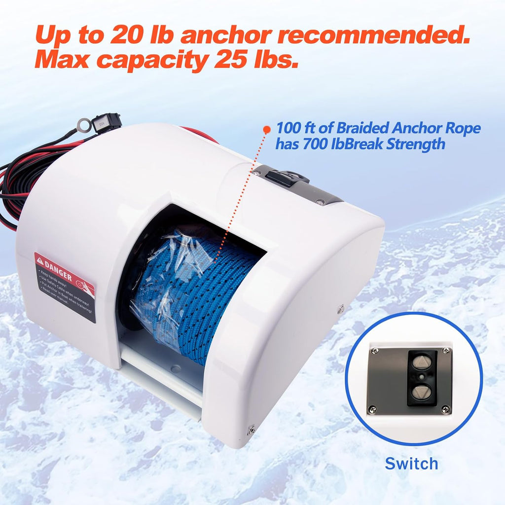 Electric Anchor Winch,Boat Anchor Wench 12V Marine Saltwater Anchor Windlass Kit with Wireless Remote Control Anchors Up to 25 LBS