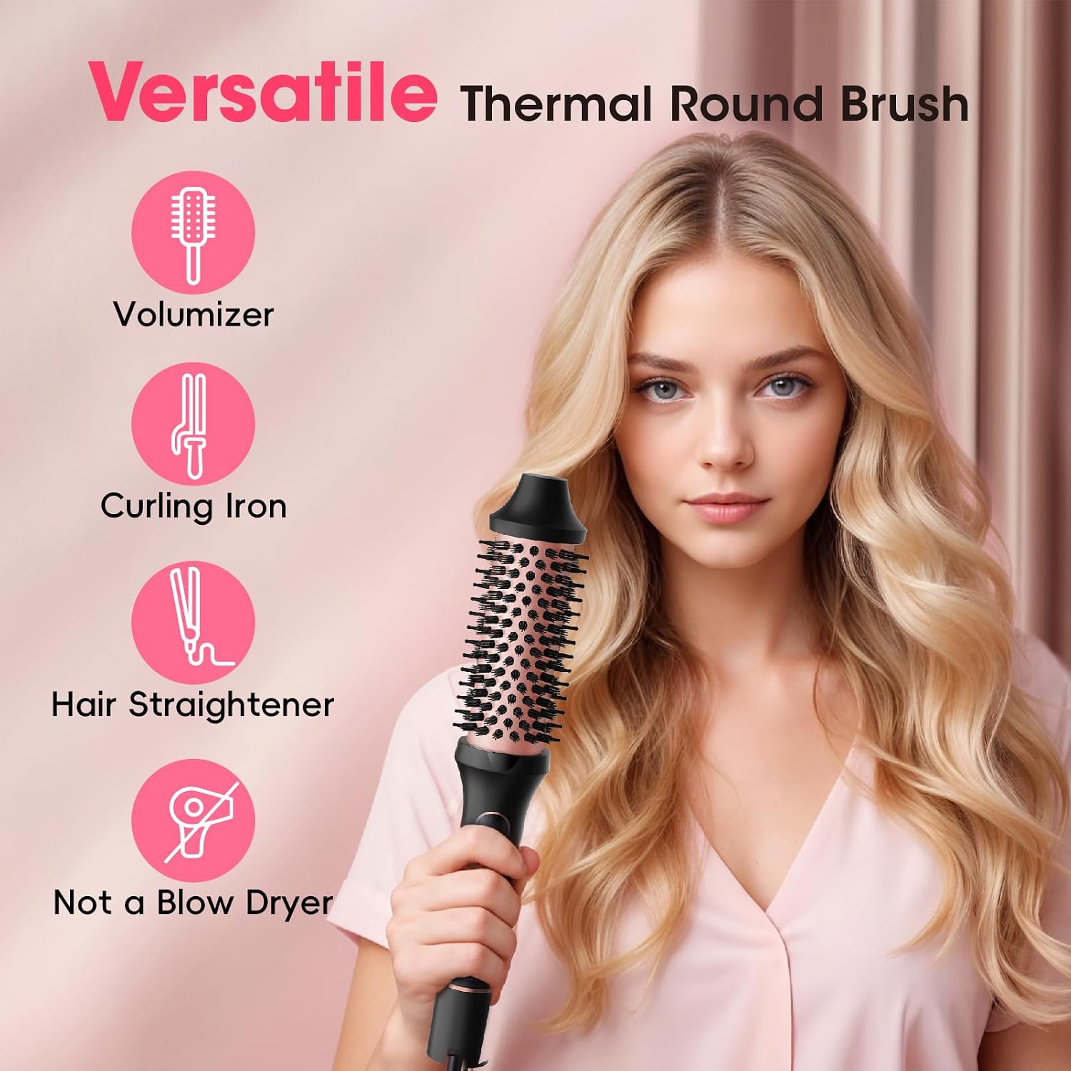 CINOSTAR Heated Round Brush for Blowout Look Volumizer, 1.5 inch Styler Tool, 6 Temps Ionic Thermal Brush, Fast Heating, Dual Voltage for Travel, Blush Gold