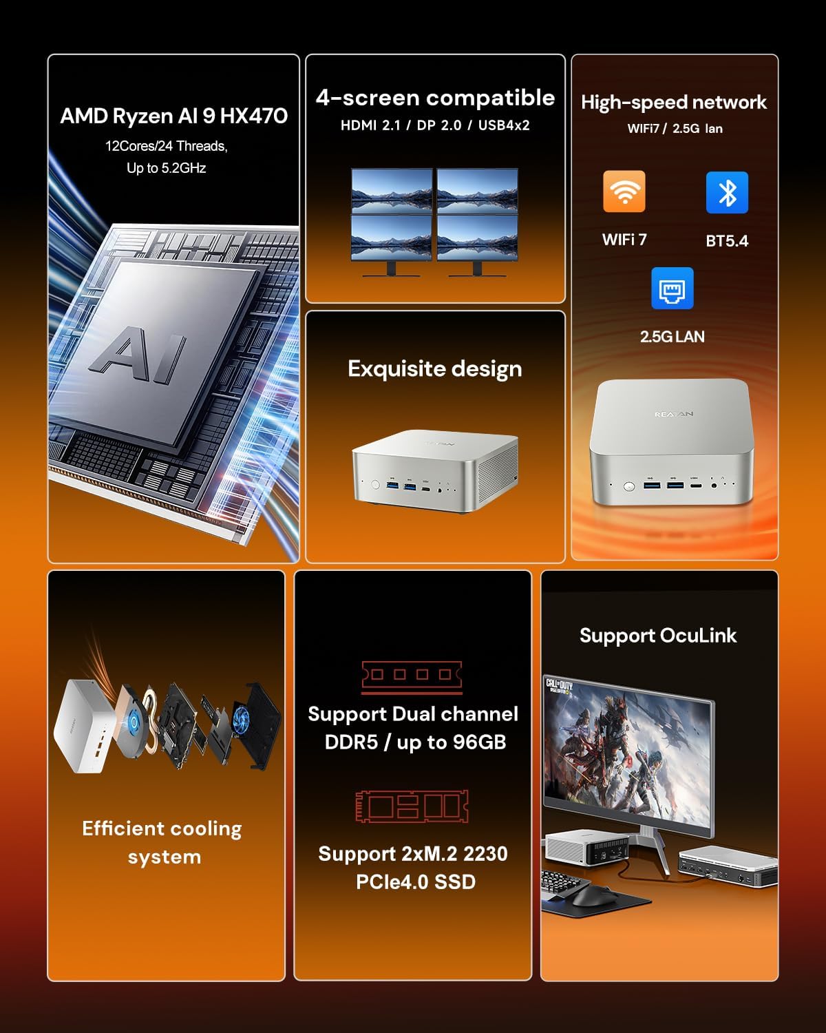 Reatan X8 Ryzen AI 9 HX 470 Mini PC(86 Tops,12C/24T up to 5.2GHz) 48GB DDR5 5600MHz 2TB PCIe 4.0 SSD, Radeon 890M, OCuLink/2xUSB4/DP,Quad 8K Display, 2.5G LAN, Wi-Fi 7/BT 5.4, AI/Dev/Creator/Gaming