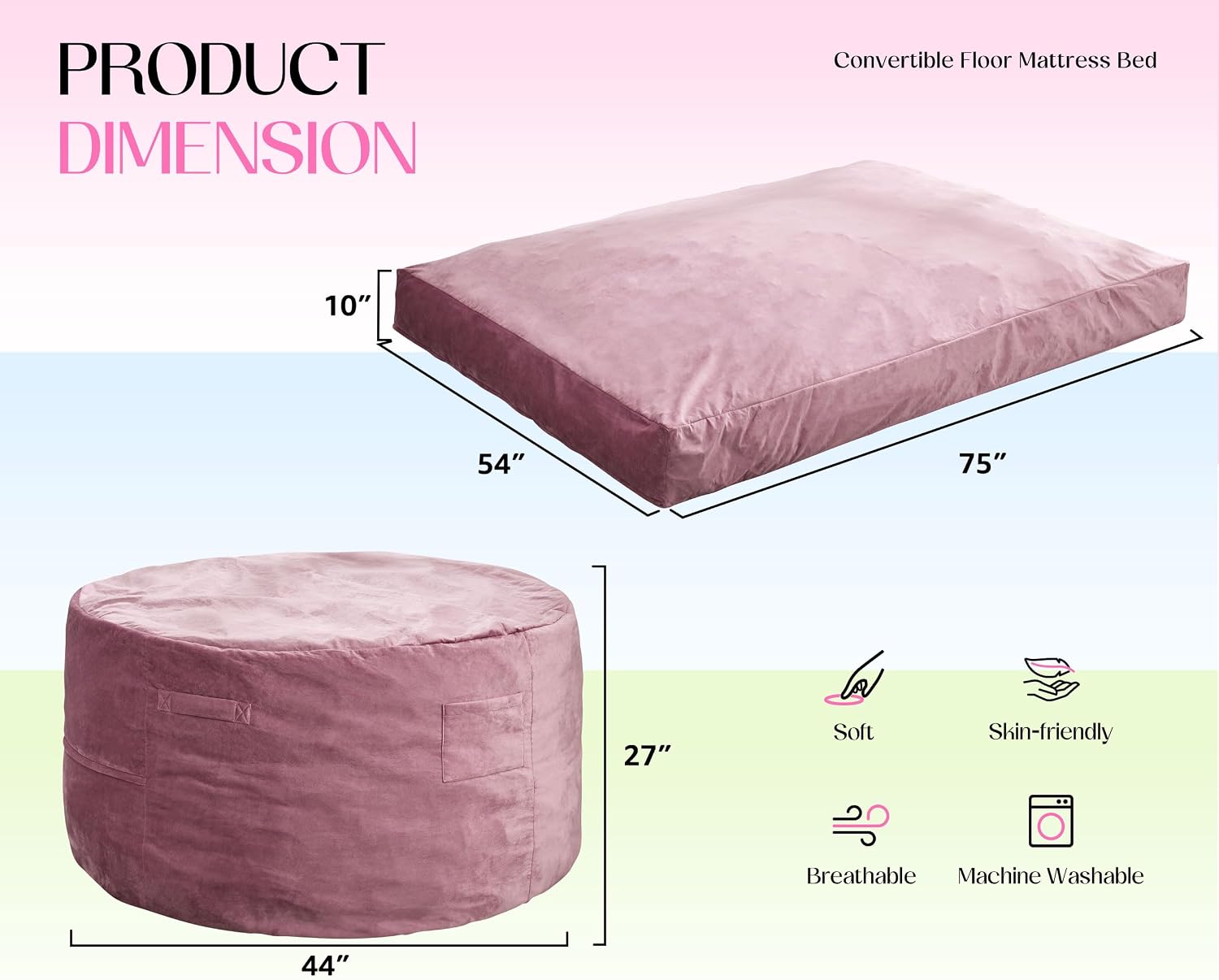 Hobestluk Giant Bean Bag Chair Bed for Adults, Large Bean Bags with High-Density Foam Filling, Convertible Big Sofa Bed Couch for Living Room, Bedroom, Playroom (Pink, Full)