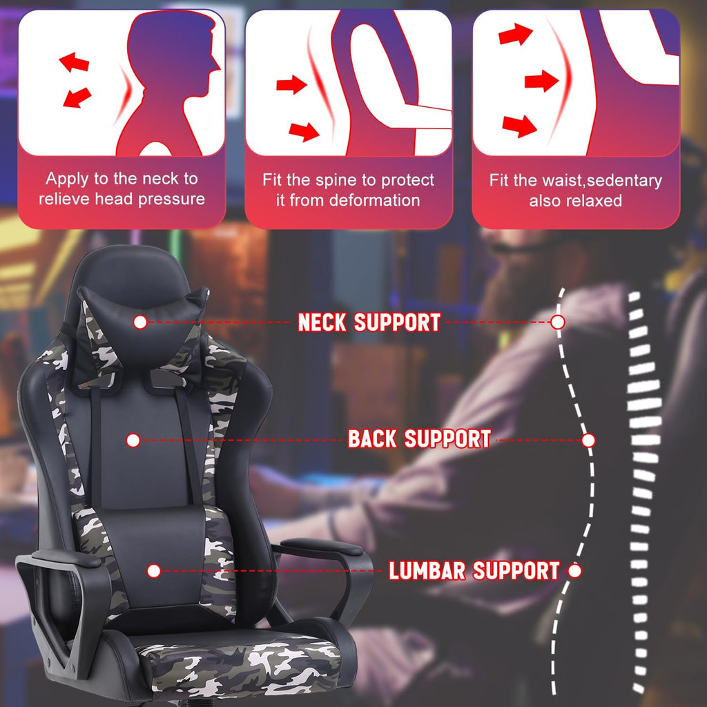 Dopinmin PU Leather Ergonomic Gaming Chair Esports Computer Chair Boss Chair with Lumbar Cushion and Retractable Footrest Video Game Chair for Streaming,CAMO