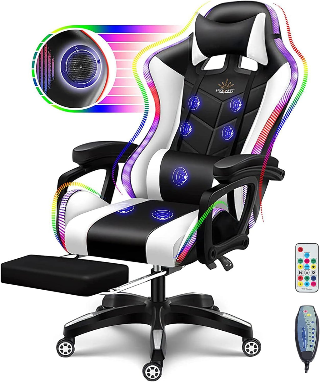 Full Massage Gaming Chair with Speakers and LED Lights Ergonomic Office Chair with Footrest Lumbar Support Adjustable Height Racing Game Chair PU Leather Computer Chair for Adults Teens,White