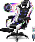 Full Massage Gaming Chair with Speakers and LED Lights Ergonomic Office Chair with Footrest Lumbar Support Adjustable Height Racing Game Chair PU Leather Computer Chair for Adults Teens,White