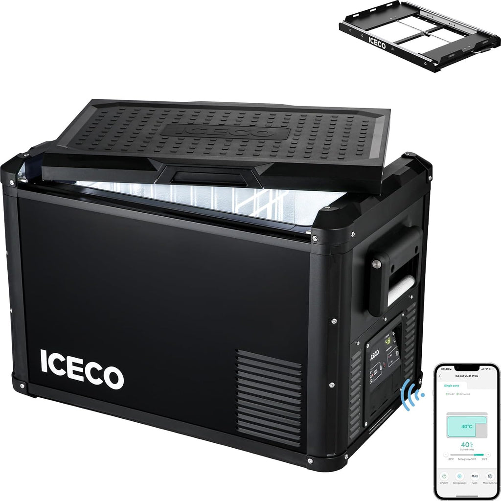 ICECO VL45ProS 47.5Qt Portable Refrigerator, 12V Fridge with SECOP Compressor, 0-50℉, Iron Cabinet Car Refrigerator With Multi-directional Lid, USB&DC&AC, For RV,SUV,Truck,Boat|With Slide Mount