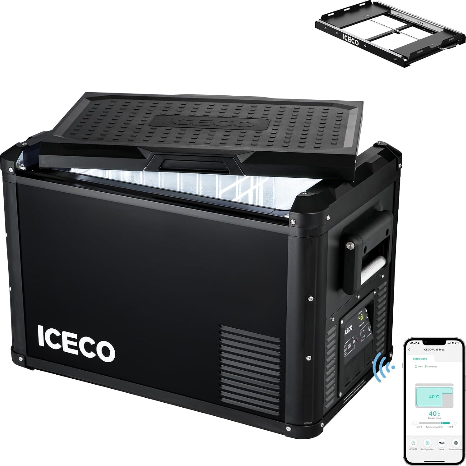 ICECO VL45ProS 47.5Qt Portable Refrigerator, 12V Fridge with SECOP Compressor, 0-50℉, Iron Cabinet Car Refrigerator With Multi-directional Lid, USB&DC&AC, For RV,SUV,Truck,Boat|With Slide Mount