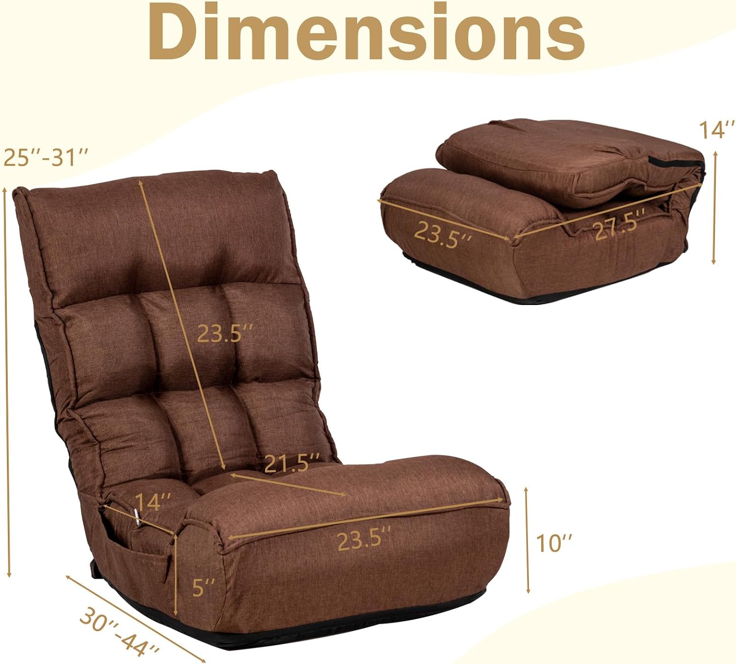 KOMFOTT Folding Floor Chair for Adults, Floor Gaming Chair with 5-Position Adjustable Headrest & 4-Position Adjustable Backrest, Side Pocket, Floor Seating Lazy Sofa for Reading, Meditating, Brown
