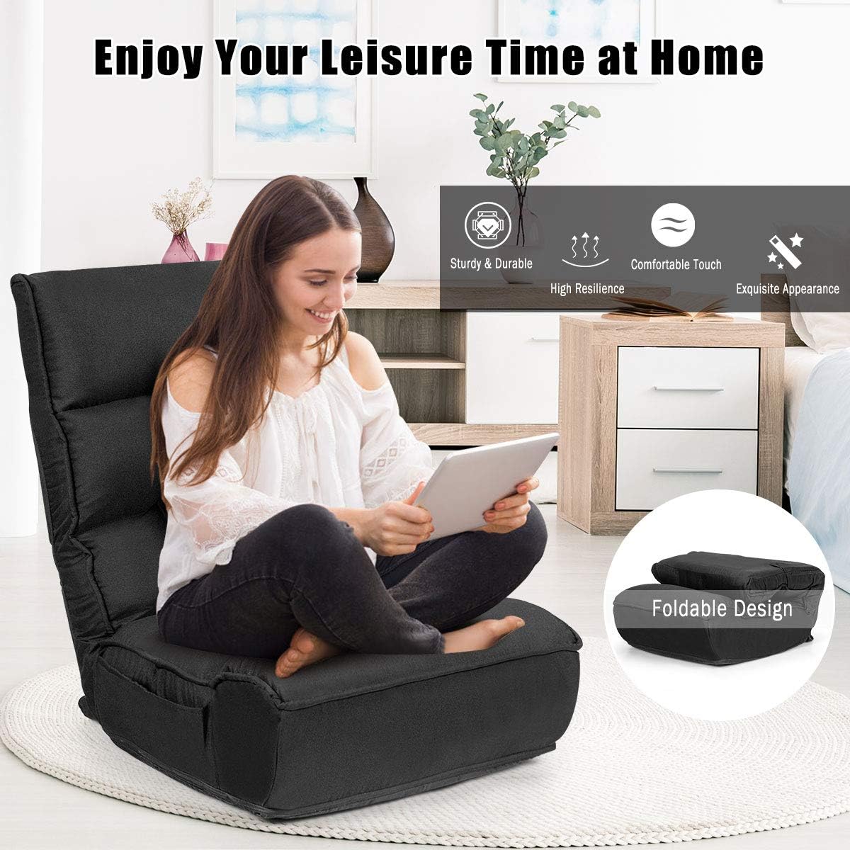 S AFSTAR Folding Floor Chair, Floor Gaming Chair with 5-Position Adjustable Headrest & 4-Position Backrest, Side Pocket & Thicken Cushion, Padded Floor Seat Lazy Chair for Living Room Bedroom