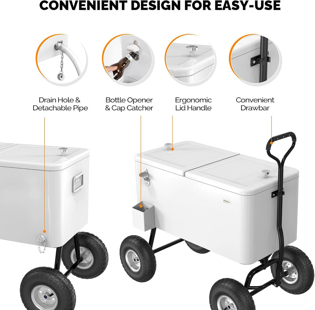 VINGLI 80 Quart Wagon Rolling Cooler Ice Chest, w/Long Handle and 10' Wheels, Portable Beach Patio Party Bar Cold Drink Beverage, Outdoor Park Cart on Wheels