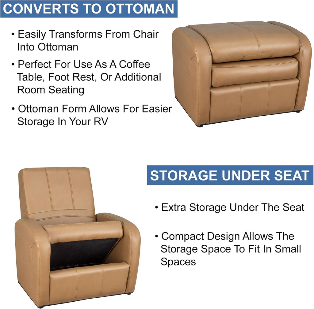 RecPro Charles RV Gaming Chair Ottoman Conversion | Built-in Storage | RV Furniture | Great for Teens | Toffee