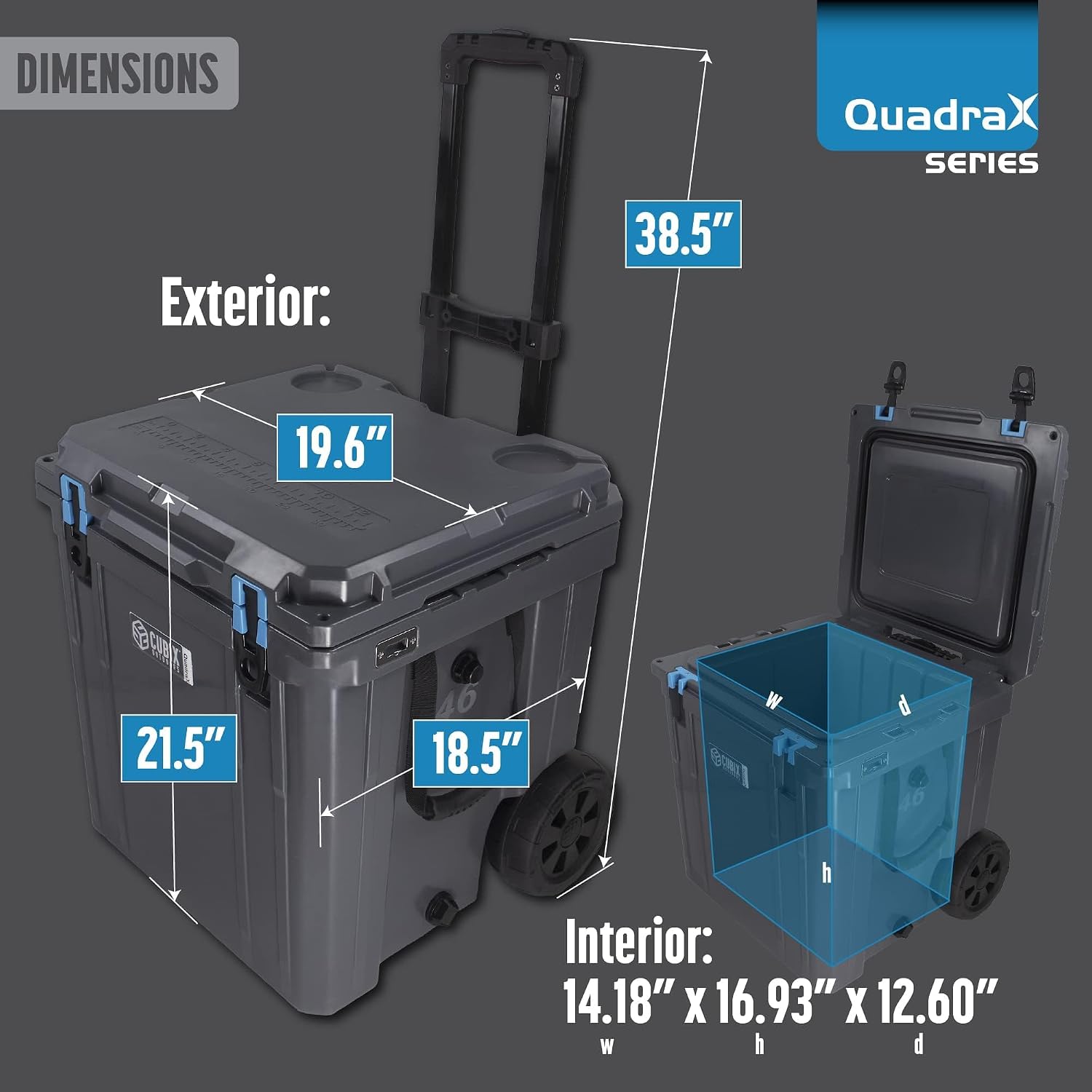 Cubix Outdoors QuadraX 46QT Wheeled Rotomolded Portable Hard Cooler for Camping, Fishing, Beach | Heavy Duty Insulated Ice Chest with Wheels and Handle | Cold Retention 5 Days