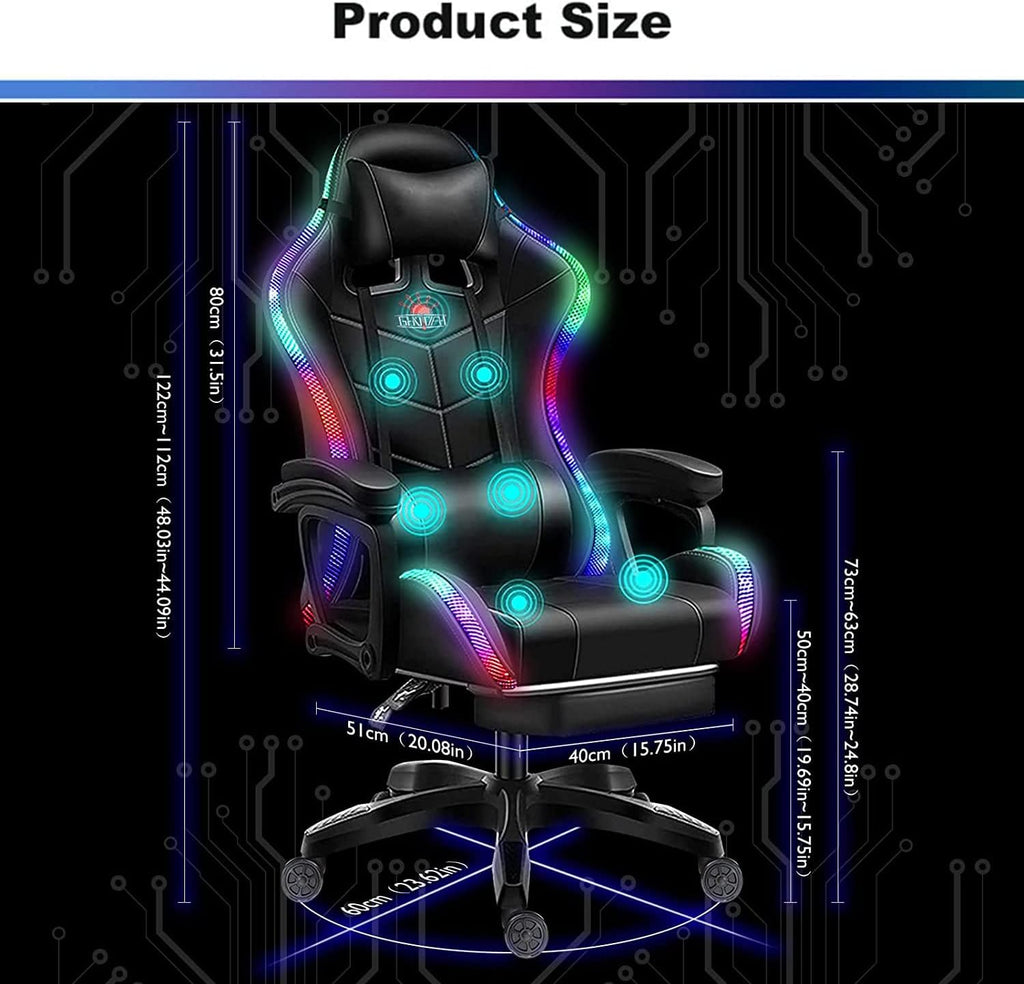 Ergonomic LED Gaming Chair with Speakers PU Leather Computer Chair for Teens Adults High Back Massage Office Desk Chair with Footrest Headrest Lumbar Support Recliner Video Game Chair,White