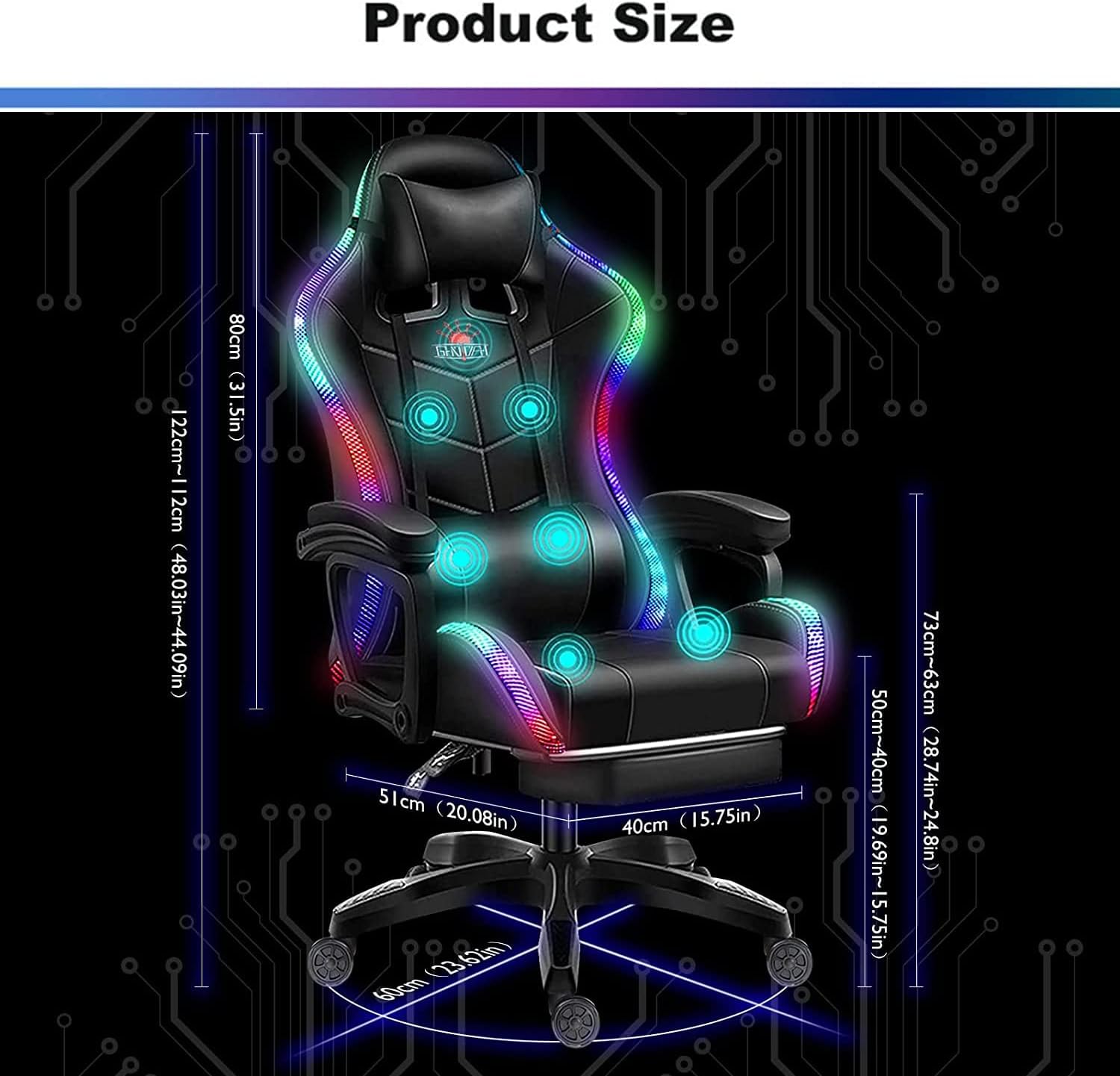 Ergonomic LED Gaming Chair with Speakers PU Leather Computer Chair for Teens Adults High Back Massage Office Desk Chair with Footrest Headrest Lumbar Support Recliner Video Game Chair,White