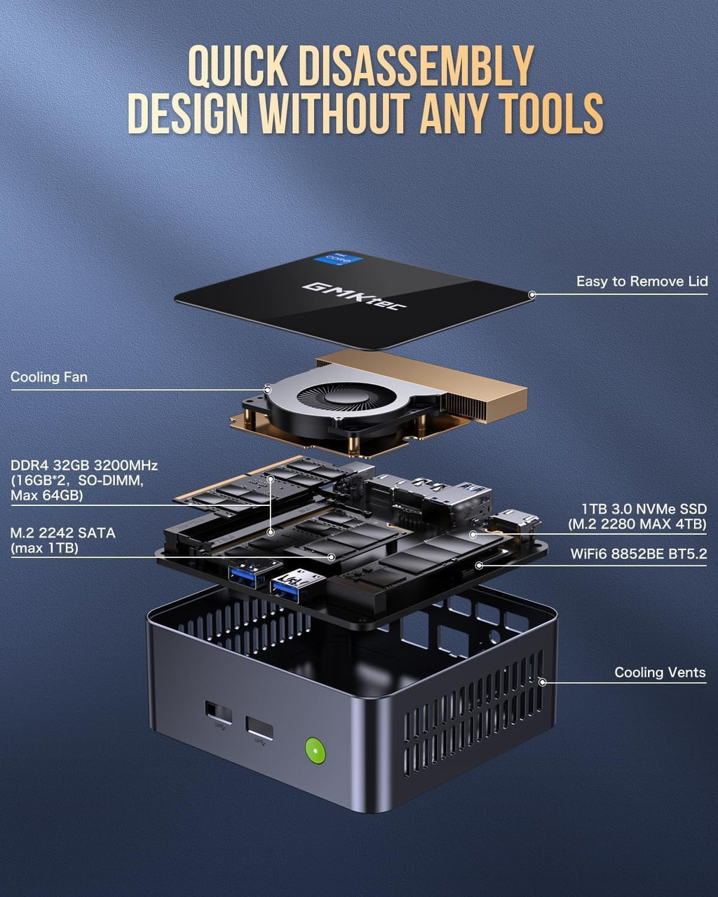 GMKtec Mini PC Intel Core i7-1195G7 (up to 4.8 GHz) 32GB DDR4 1TB SSD Desktop Mini Computers WiFi 6, BT 5.2/ DP, HDMI/RJ45 2.5G/USB4.0