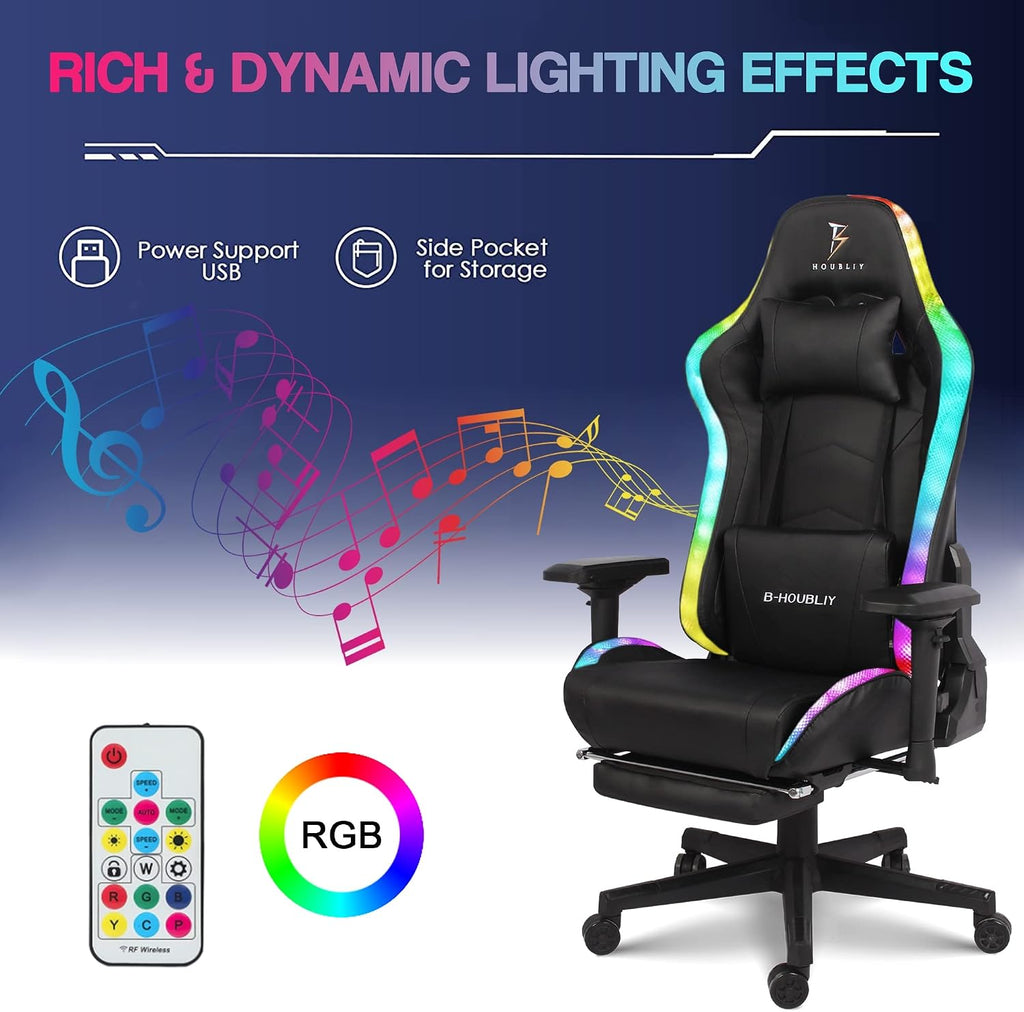 Big and Tall Gaming Chair with Speakers and LED Lights Ergonomic PC Gaming Chair with 7-Point Massage Comfortable Footrest Headrest and Lumbar Support High Back Desk Chair PU Leather,Black