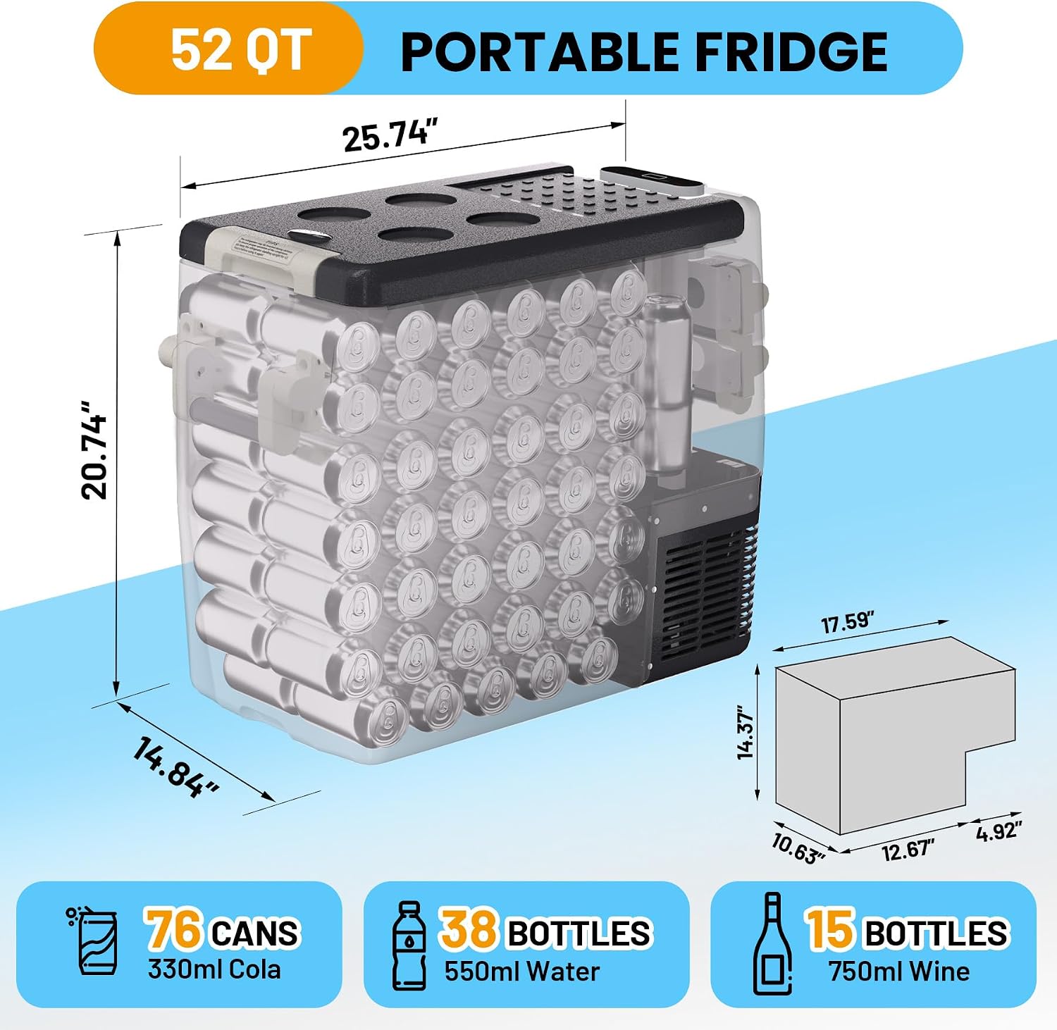 GarveeTech 12V Refrigerator Fridge Freezer,52 QT(50 L) Portable Car Fridge Electric Cooler 12V/24V DC 110~240V AC for RV Camper Truck Pickup SUV Outdoor Travel