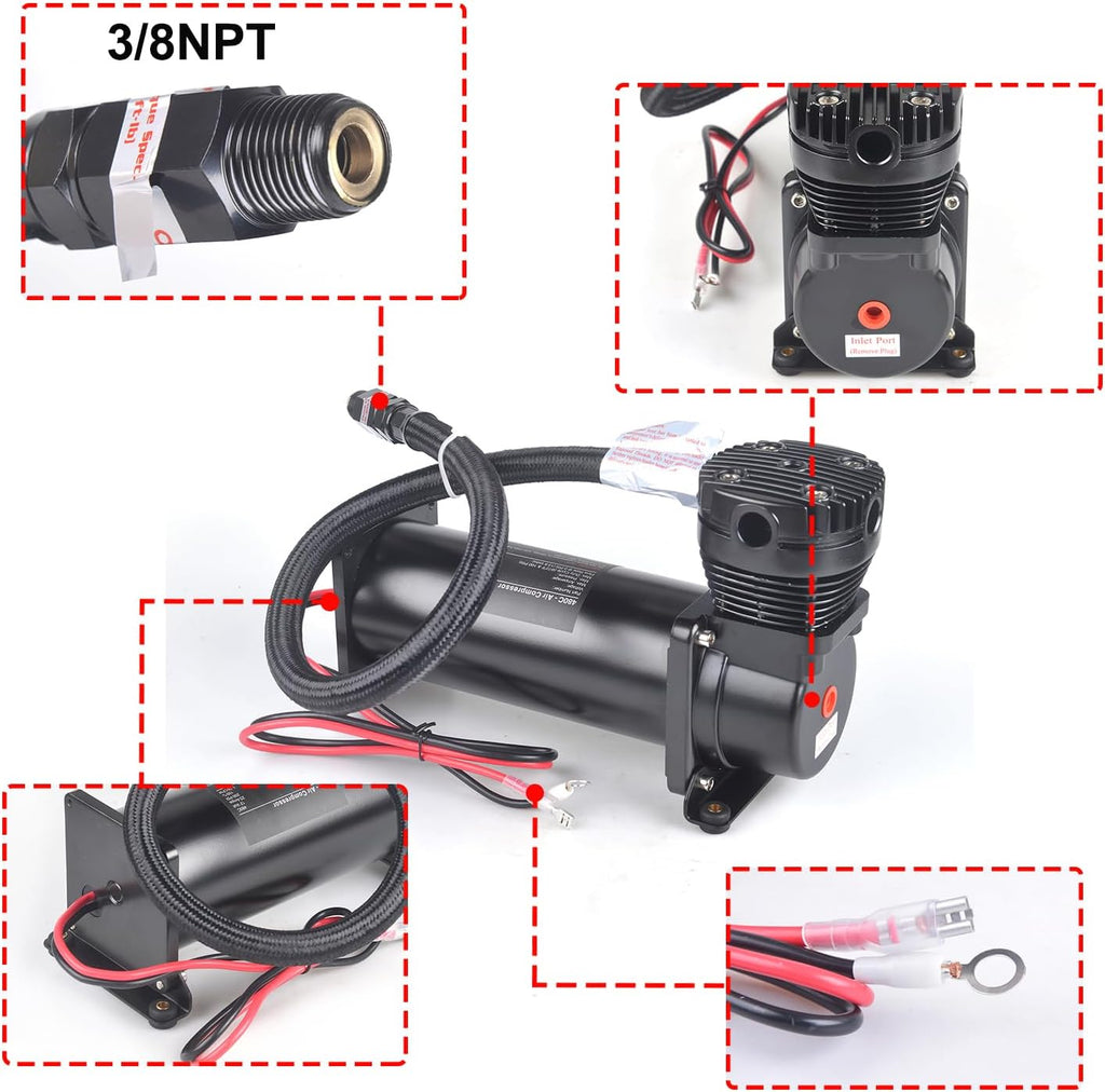 2PCS 200PSI Heavy Duty Air Train Horn/Air Ride Suspension Compressor 12V 3/8 NPT Black for Car Horns