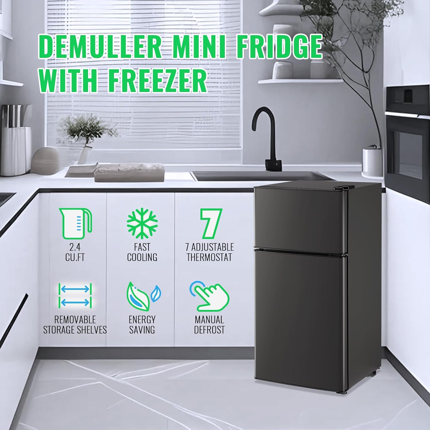 DEMULLER 45L Mini Fridge with Top Freezer Small Refrigerator with Two Door & 7 Temperature Settings & 2 Remoable Shelves Ideal for Kitchen Office Apt Dark Gray