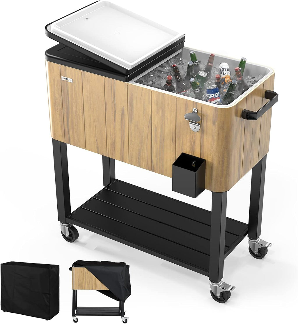 VINGLI 80 Quart Rolling Ice Chest on Wheels, Patio Cooler Cart, Beverage Rolling Cooler for Outdoor Patio Deck Party