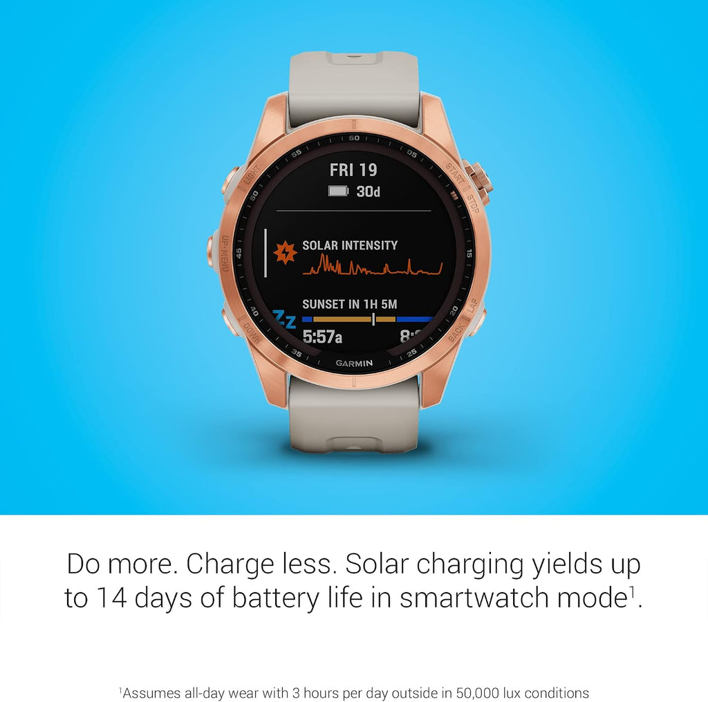 Garmin Fenix 7S Solar, Smaller Sized Adventure smartwatch, with Solar Charging Capabilities, Rugged Outdoor Watch with GPS, Touchscreen, Health and Wellness Features, Rose Gold with Light Sand Band