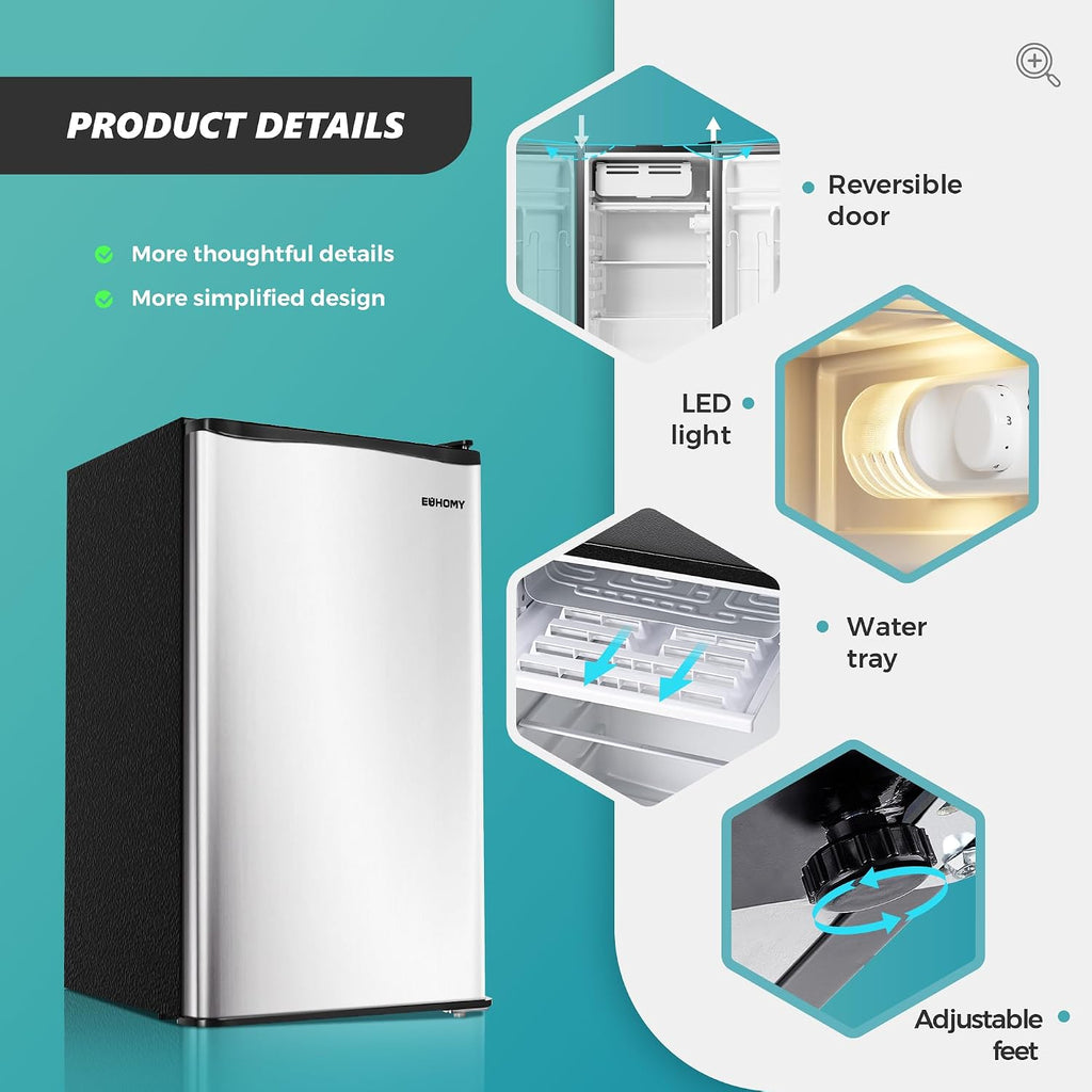 EUHOMY 3.2 Cu.Ft Mini Fridge with Freezer, Single Door Compact Refrigerator, Energy Saving, Mini Refrigerator Adjustable Thermostat, Mini fridge for Bedroom, Dorm, Office, Silver