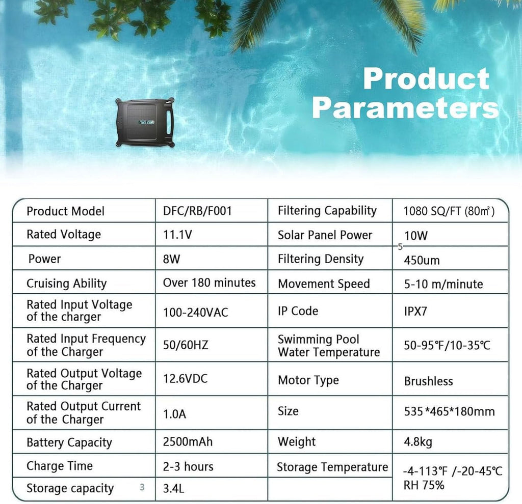 Automatic Pool Cleaning Robot, Pool Skimmer Cleaner Robot, with Dual Charging Options, Auto Obstacle Avoidance and Escape Function, Auto Obstacle Avoidance, 3.4L Large Capacity