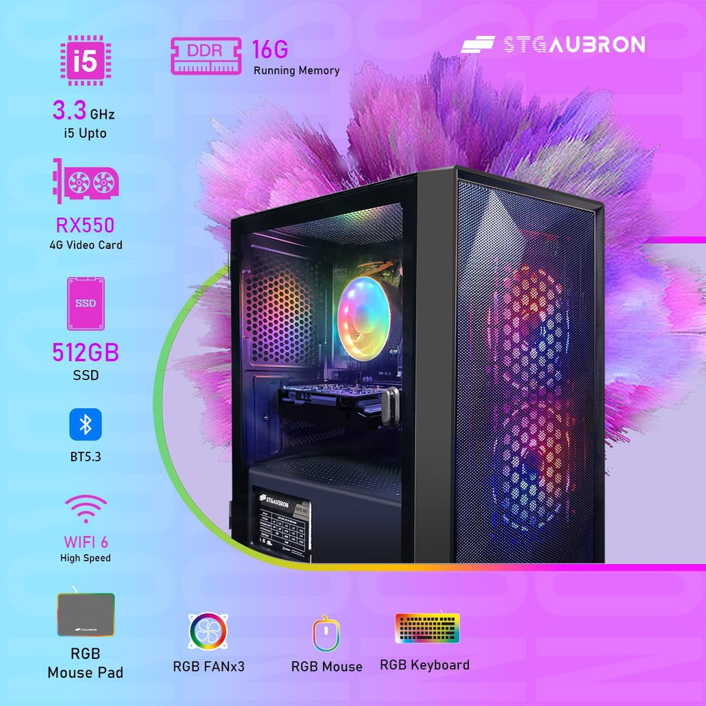 STGAubron Gaming PC Bundle with 24Inch FHD LED Monitor-Radeon RX 550 4G, Intel Core I5 up to 3.7G, 16G RAM, 512G SSD, RGB Fan x 2, Windows 11 Home