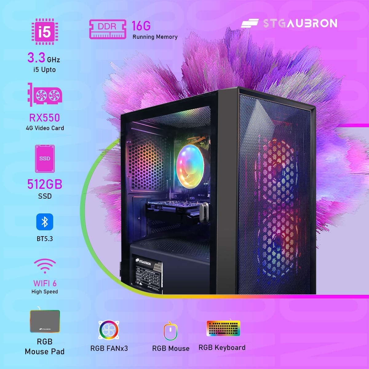 STGAubron Gaming PC Bundle with 24Inch FHD LED Monitor-Radeon RX 550 4G, Intel Core I5 up to 3.7G, 16G RAM, 512G SSD, RGB Fan x 2, Windows 11 Home