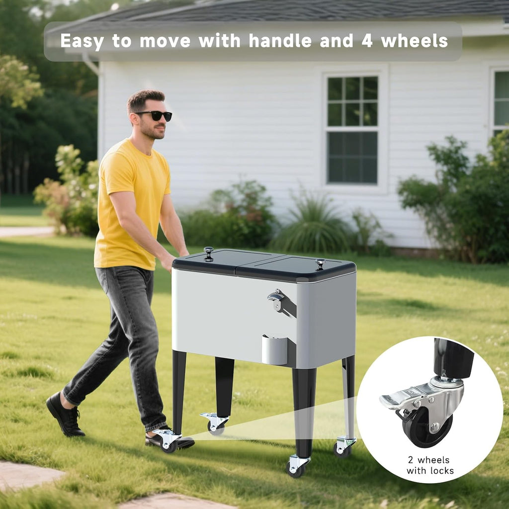 Ice Chest with Wheels, 60 Quart Portable Rolling Cooler with Bottle Opener & Cap Collector & Bottom Storage Tray for Patio Party & BBQ & Beach Activities
