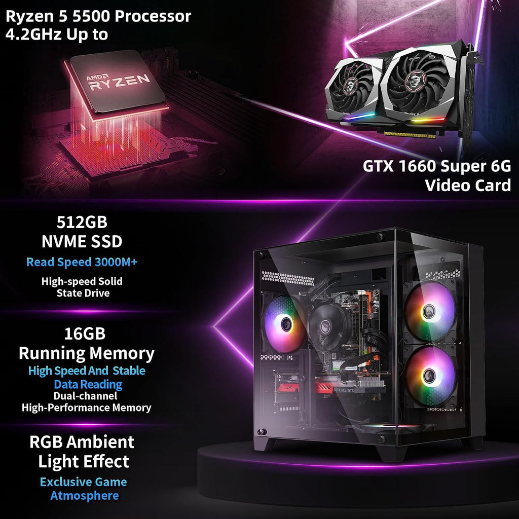 ZER-LON Gaming PC Desktop Computer, AMD Ryzen 5 5500 up to 4.2GHz, GTX 1660S 6G GDDR6, 16G DDR4 RAM, 512GB SSD, WiFi 5.0, Prebuilt Gaming PC Tower Computer