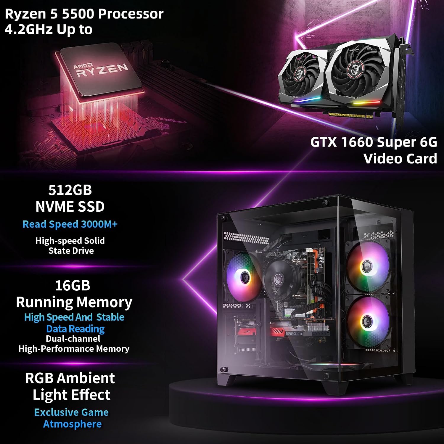 ZER-LON Gaming PC Desktop Computer, AMD Ryzen 5 5500 up to 4.2GHz, GTX 1660S 6G GDDR6, 16G DDR4 RAM, 512GB SSD, WiFi 5.0, Prebuilt Gaming PC Tower Computer