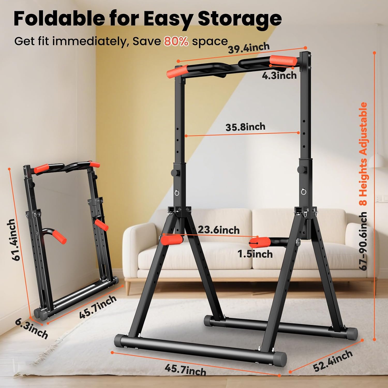 WATBKHE Power Tower Pull Up Dip Station Foldable, Pull Up Bar Station Adjustable, Multi-Function Home Gym, Strength Training Fitness Equipment, Triangular Design, for Home Outdoor
