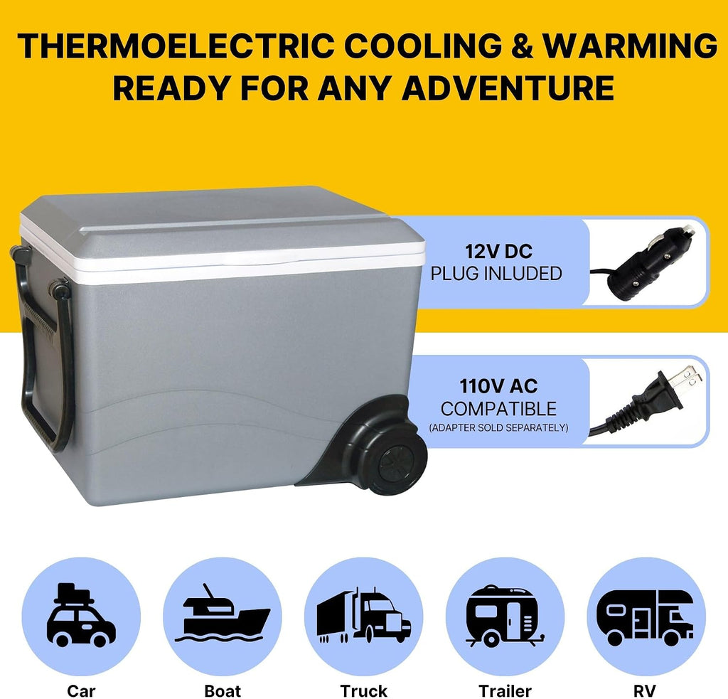 Koolatron Electric Portable Cooler Plug in 12V Car Cooler/Warmer 36 qt (34 L) w/Wheels, No Ice Thermo Electric Portable Fridge for Camping, Travel Road Trips with 12 Volt DC Power Cord, Gray/White.