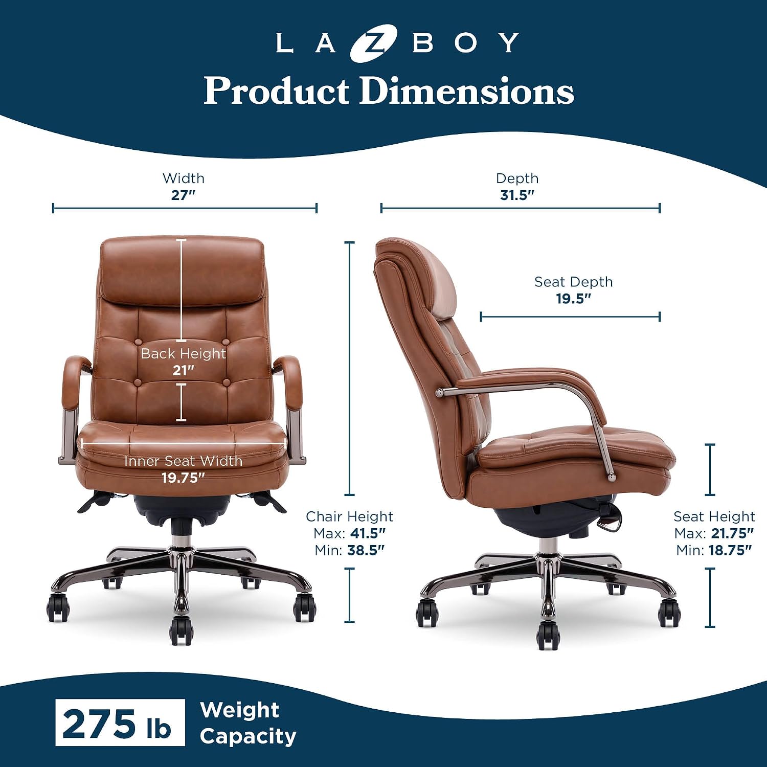 La-Z-Boy Sonata Executive Mid-Back Office Chair, Button-Tufted Seat and Back, Double-Layer Cushion, Padded Armrests, Ergonomic Computer DeskChair, Swivel Metal Base, Bonded Leather, Cognac/Graphite