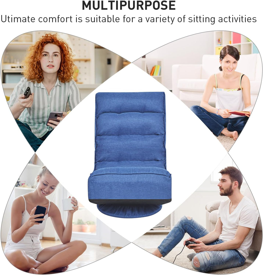 ERGOMASTER Reclining Folding Floor Gaming Chair for Home, Office and Lounging, Reading w/ 360-Degree Swivel, 5 Adjustable Positions, Tufted Cushions （Blue）