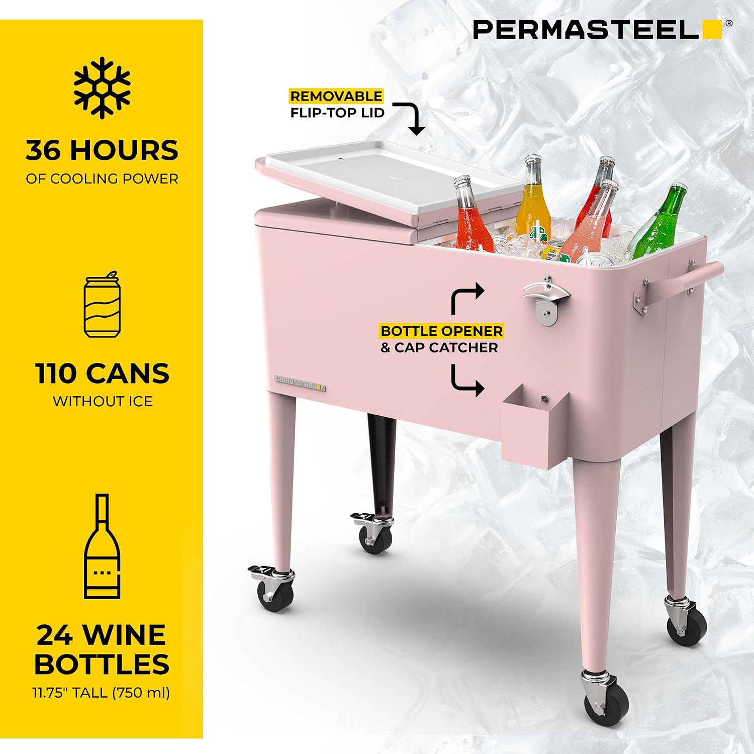 Permasteel 80-Qt Large Outdoor Patio Cooler with Wheels & Handles, Portable Rolling Hard Cooler for Outside, Retro Ice Cooler Cart, Beverage Can Coolers for Backyard Parties