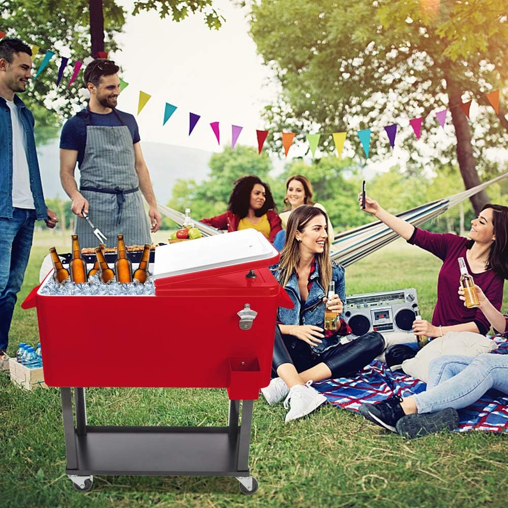 80 Quart Rolling Cooler Cart with Shelf and Bottle Opener for Patio Party