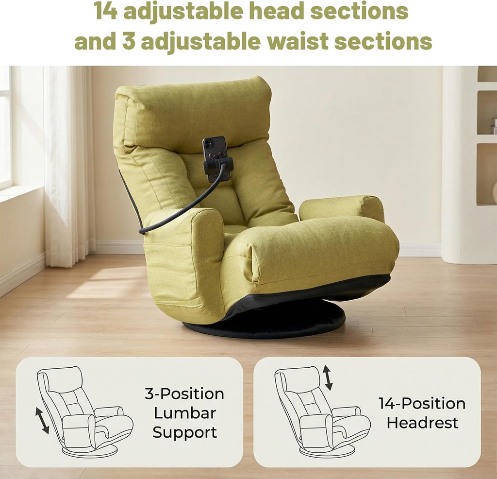 360° Swivel Floor Gaming Chair Linen Folding Chaise Lounge Chair Adjustable Comfy Sofa Chair with Armrests, Phone Holder & Padded Cushion, Ideal for Living Room, Bedroom (Green)