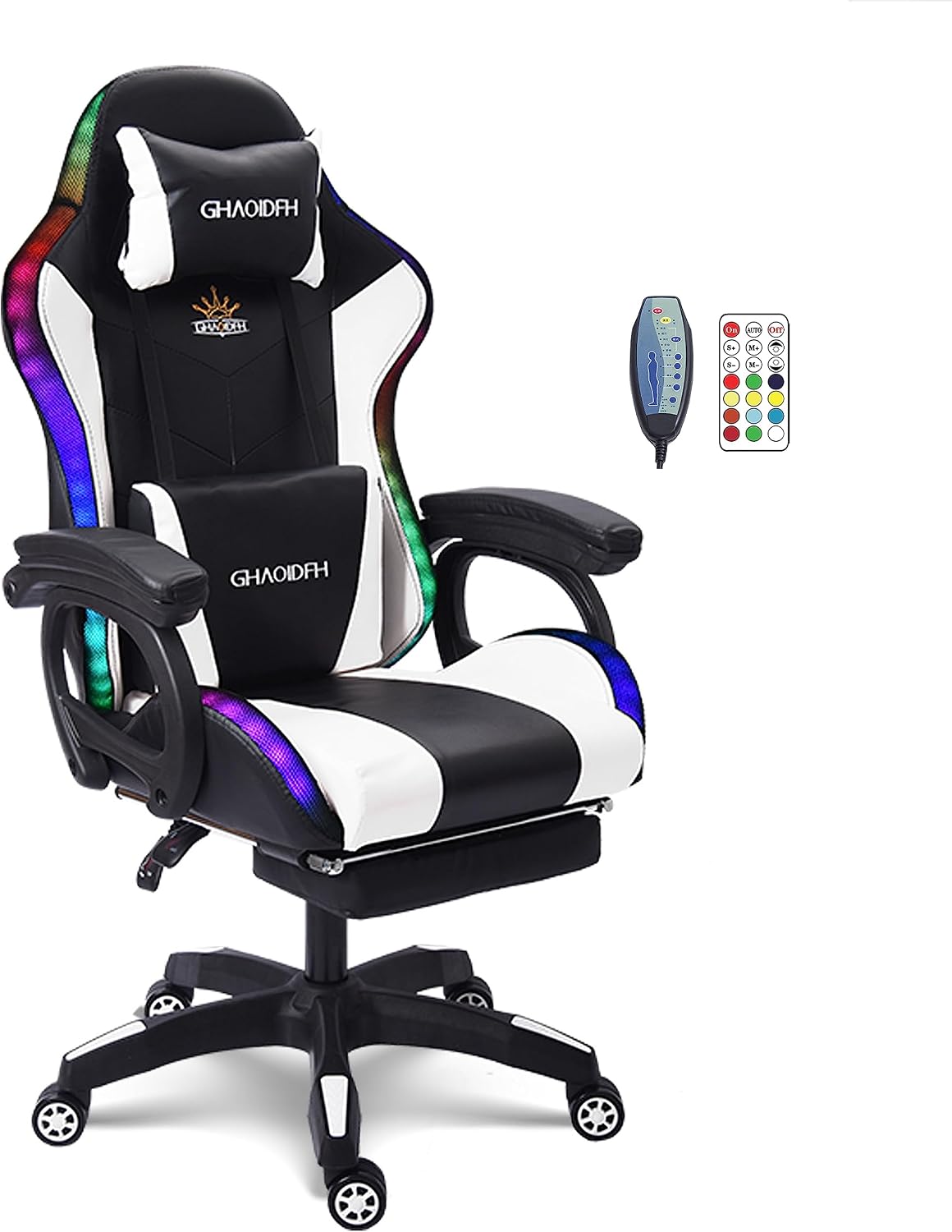 Video Gaming Chair with Speaker and RBG Light,Ergonomic Gaming Chair with Footrest and Massage Function,90°-135° Comfortable Computer Reclining Chair,Adults Teens Computer Chair.,White