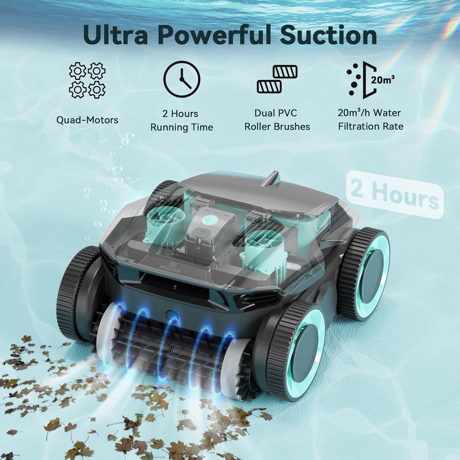 PoolMr Cordless Robotic Pool Cleaner-Pool Vacuum for In ground Pools with Wall Climbing-120 Mins Running Time, Smart Navigation, 20Gal/Mins Poweful Suction, for Most Pools up to 1,500 Sq.ft, Cyan