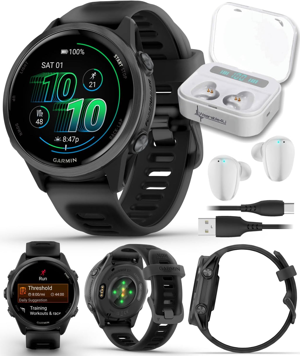 Garmin Forerunner 570 42mm Advanced GPS Running & Triathlon Smartwatch AMOLED Display Training & Recovery Features Slate Gray Aluminum w/Translucent Black/Black Band w/Wearable4U White Earbuds Bundle