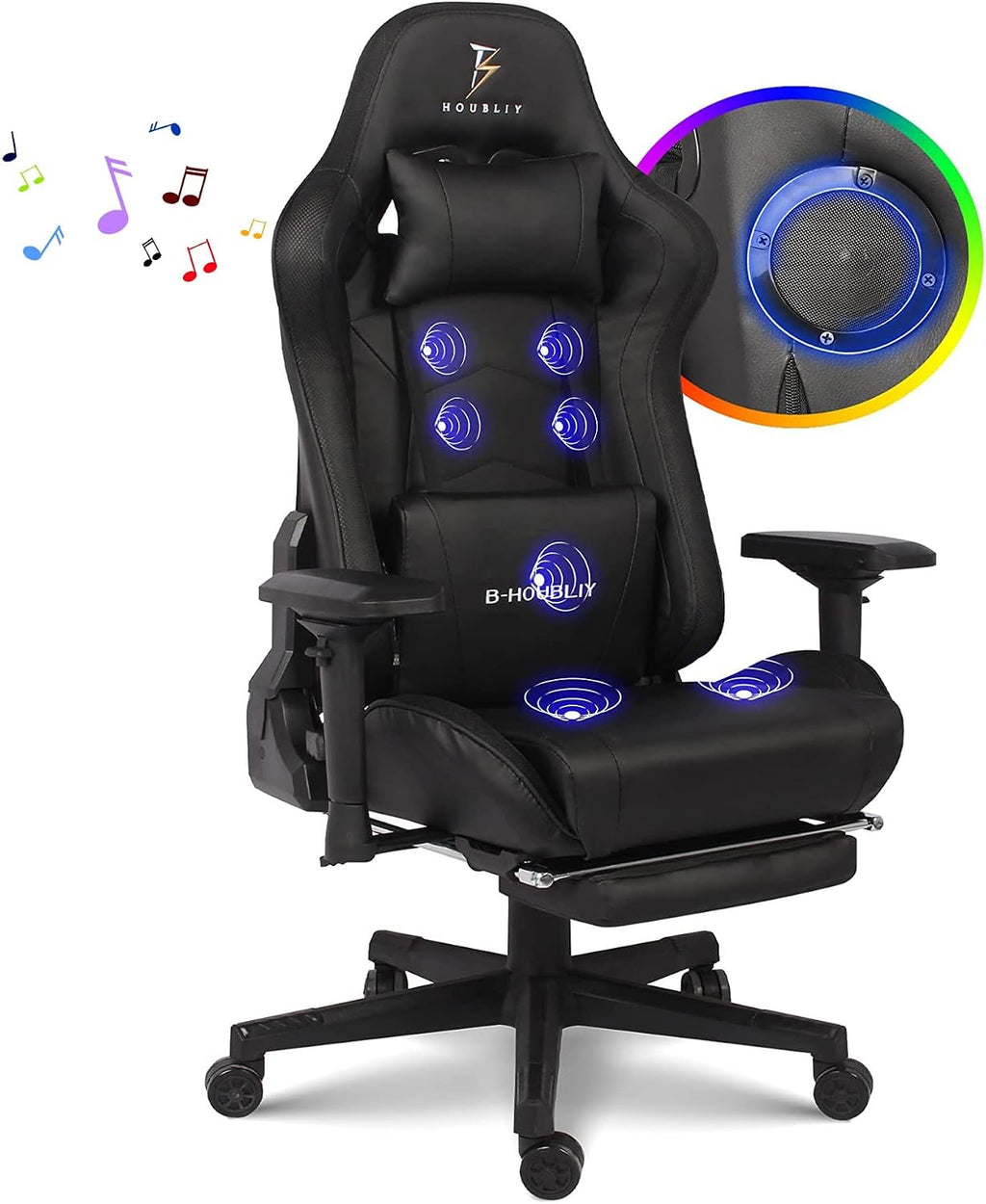 Gaming Chair with Footrest, Video Game Chair with Speakers - 7 Massage Points Ergonomic 4D Armrest Racing Gaming Chair with 90-180° Adjustable Backrest & Height Adjustable LED Lights Chair,4