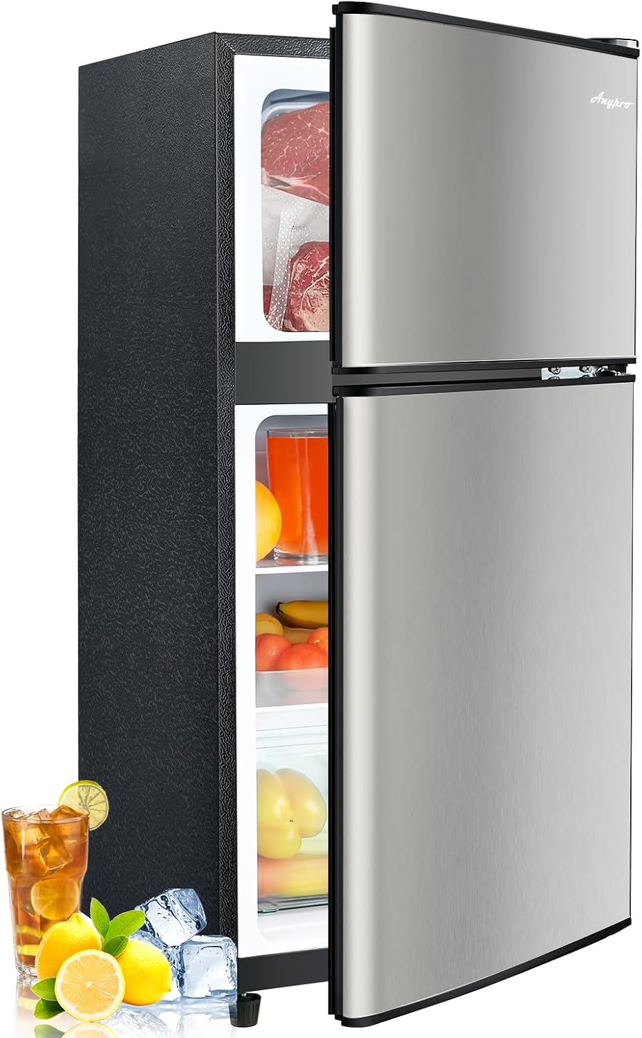 Anypro 3.2 Cu.Ft Double Door Fridge with Freezer, 2 Door Portable Refrigerator for Bedroom, Office, Dorm and Apartment with 7 Temperature Control, LED Light, Adjustable Remove Glass Shelves, Silver