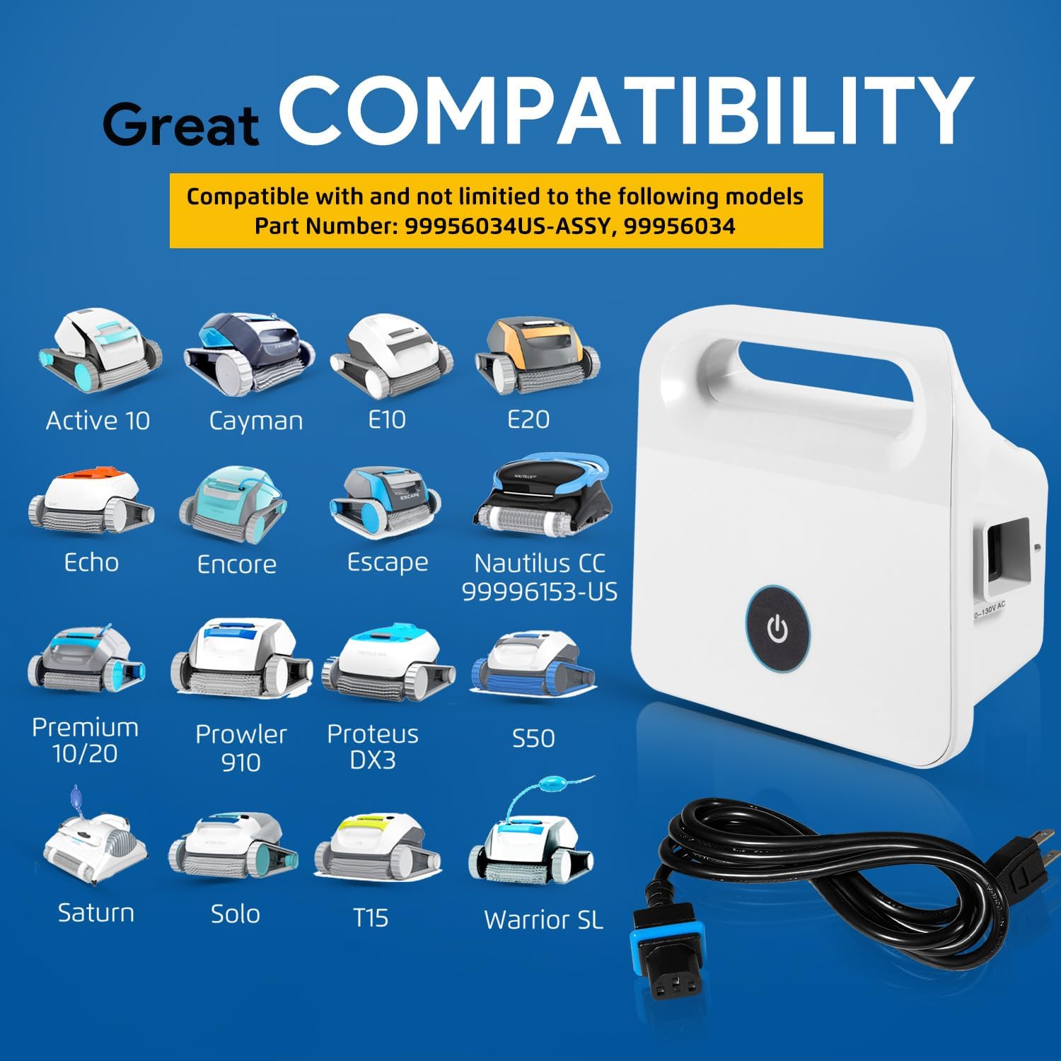 99956034 Power Supply Replacement for Dolphin Active 10,E10,E20,Cayman,Echo,Encore,Escape,S50,Saturn,Solo,T15,Premium 10/20,Prowler 910 Robotic Pool Cleaner, 99956034US-ASSY, W/ 5898412LF Power Cord